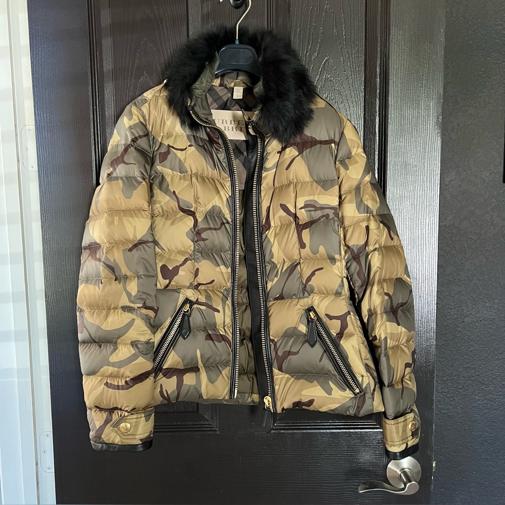Burberry Puffer Jacket Camo Fur Collar